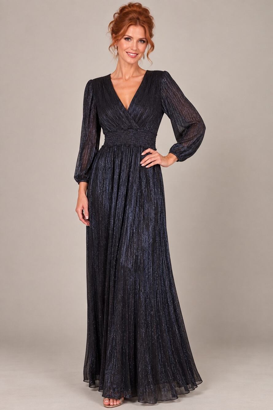Marina Shimmering Navy Long Sleeved Gown - Size L